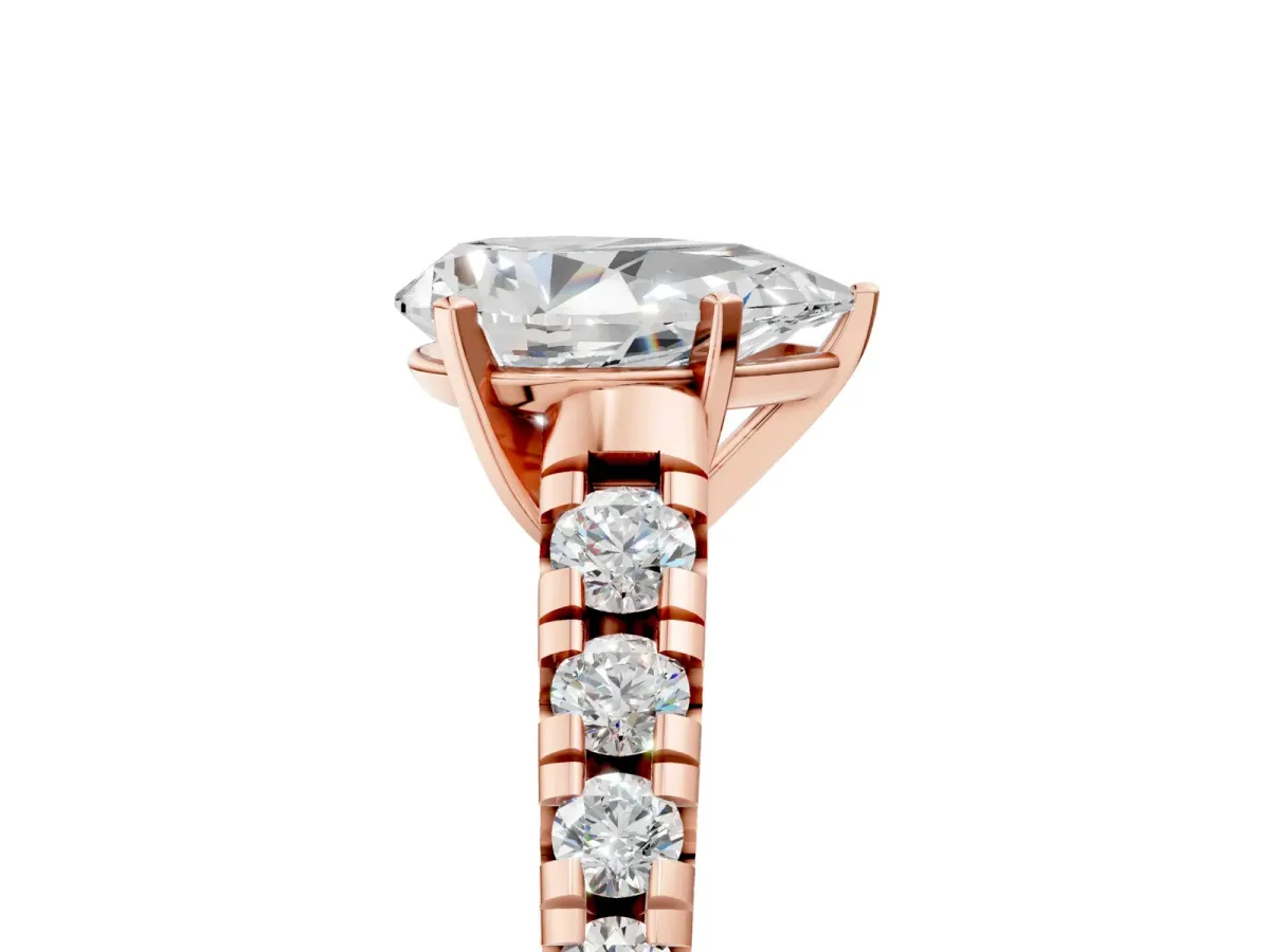 Pear Cut Diamond Cathedral Solitaire Ring with Round Pavé Band Rose gold