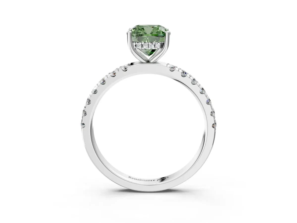 Fancy Green Cushion Cut Diamond Pave Band Solitaire Ring with Round and Prong Setting Silver