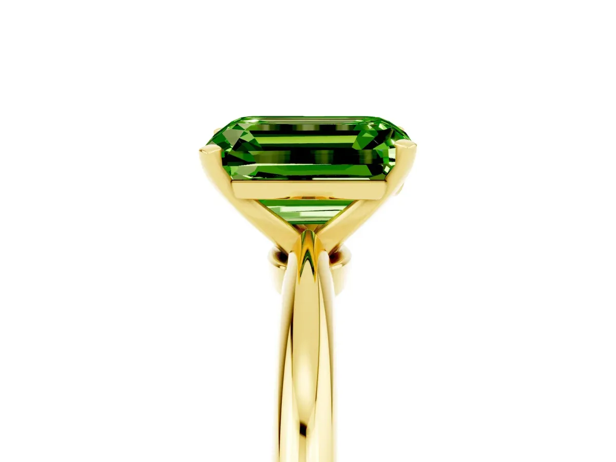 Emerald Cut Peridot Solitaire Ring with Six-Prong Setting and Classic Band Yellow gold