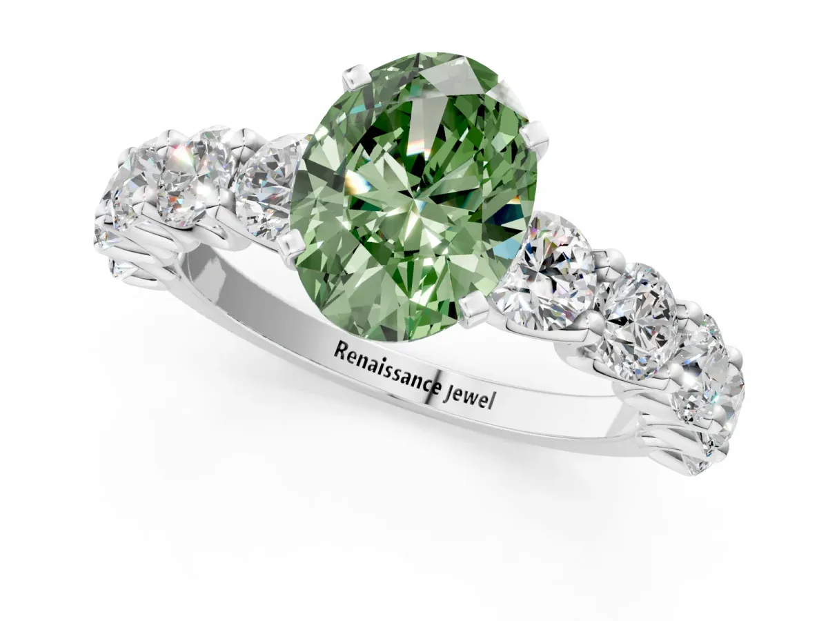 Fancy Green Oval Cut Diamond Prong Setting with Side Stones on a Pave Band Silver