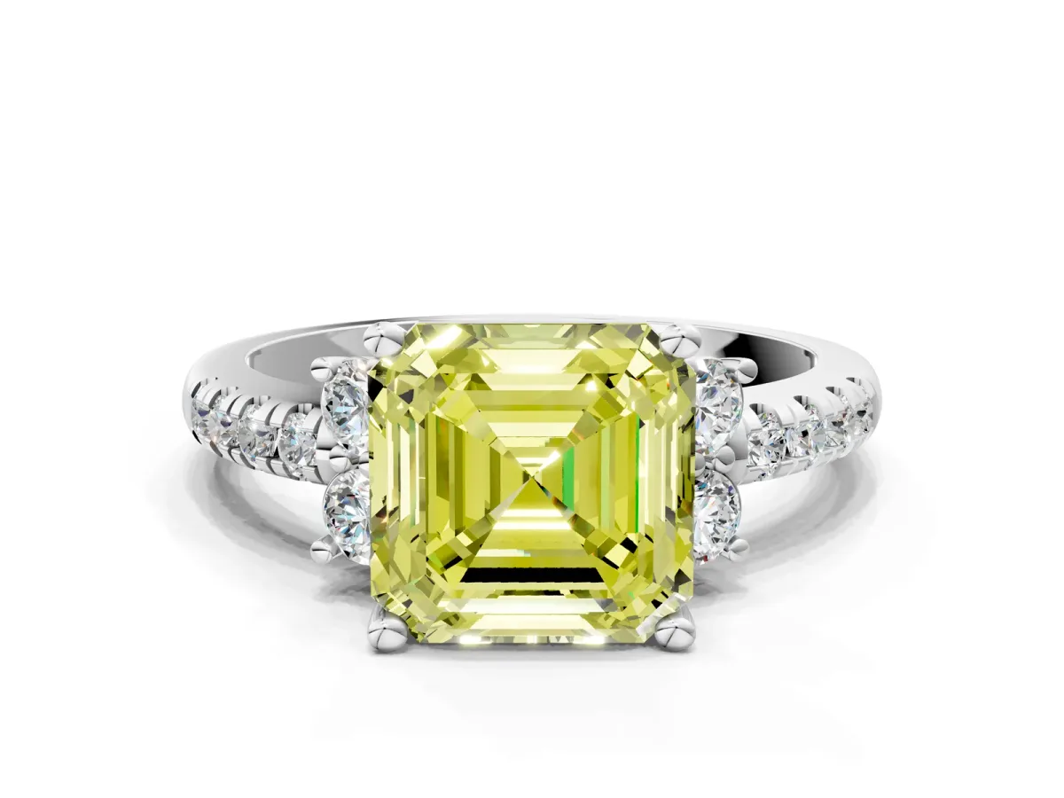 Fancy Yellow Asscher Cut Diamond Three-Stone Pave Band with Four-Prong Setting Platinum