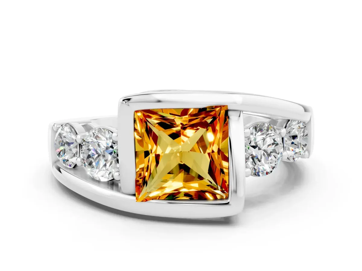 Bezel Set Princess Cut Citrine Bypass Ring with Round Accents Silver