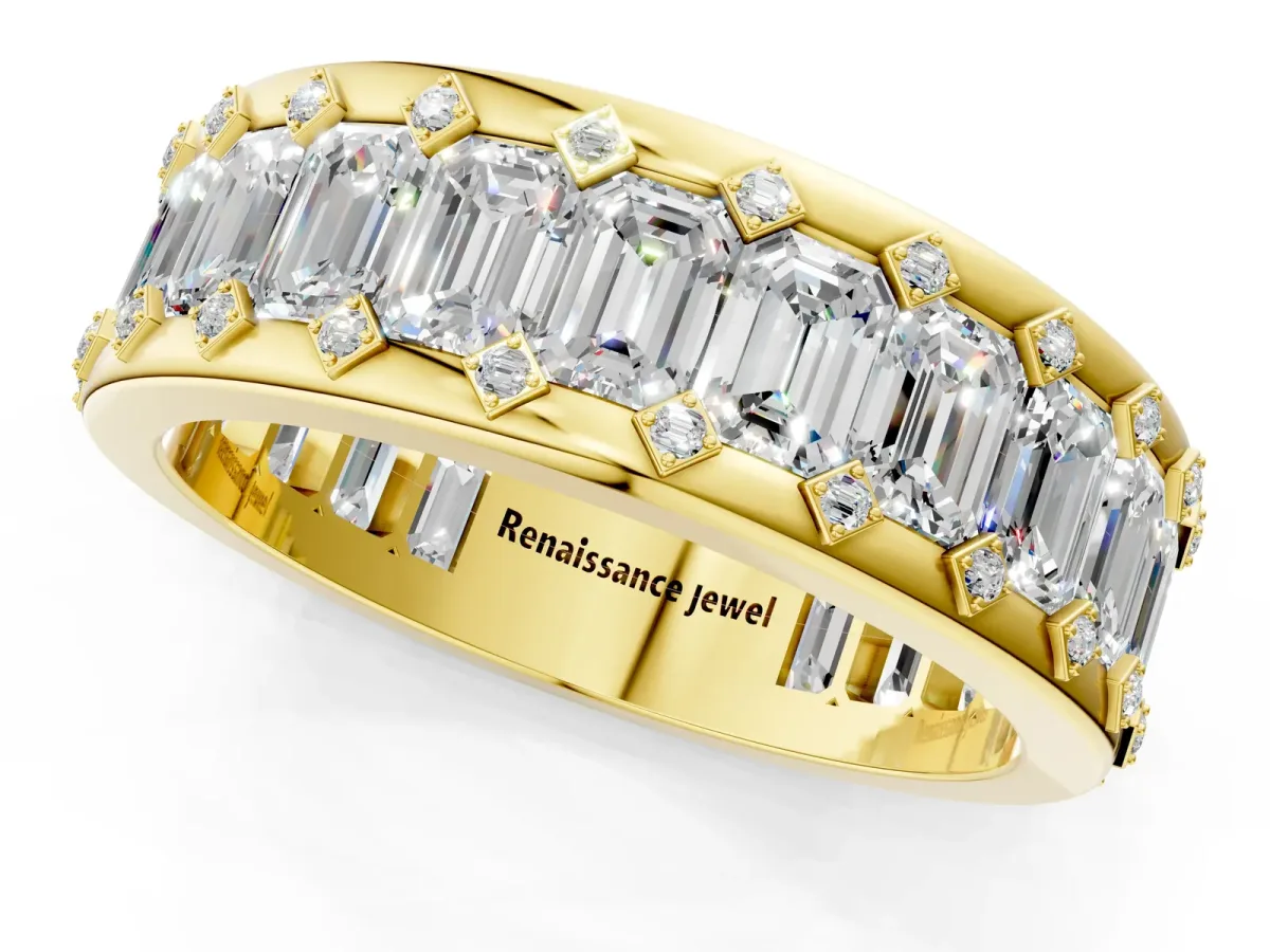 Emerald Cut and Round Diamond Eternity Mens Band Yellow gold