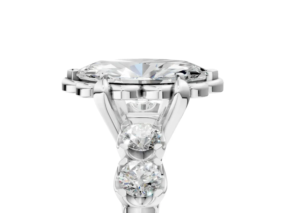 Marquise Cut Cut Diamond Floral Halo Engagement Ring with Shared Prong Setting Silver