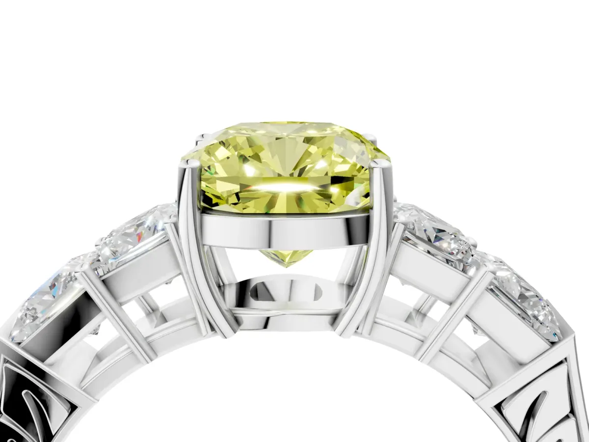 Fancy Yellow Cushion Cut Solitaire Princess Side Stone Engraved Band Prong Setting Ring Silver