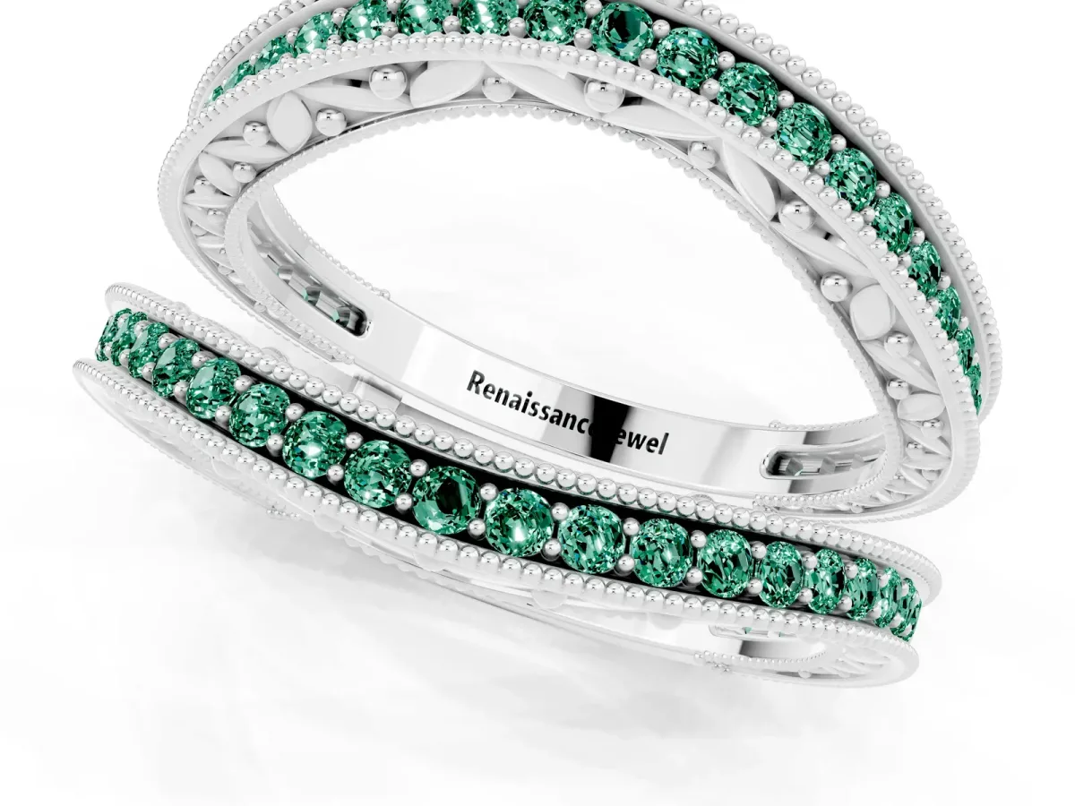 Round Green Sapphire Milgrain Eternity Band with Channel Setting Silver