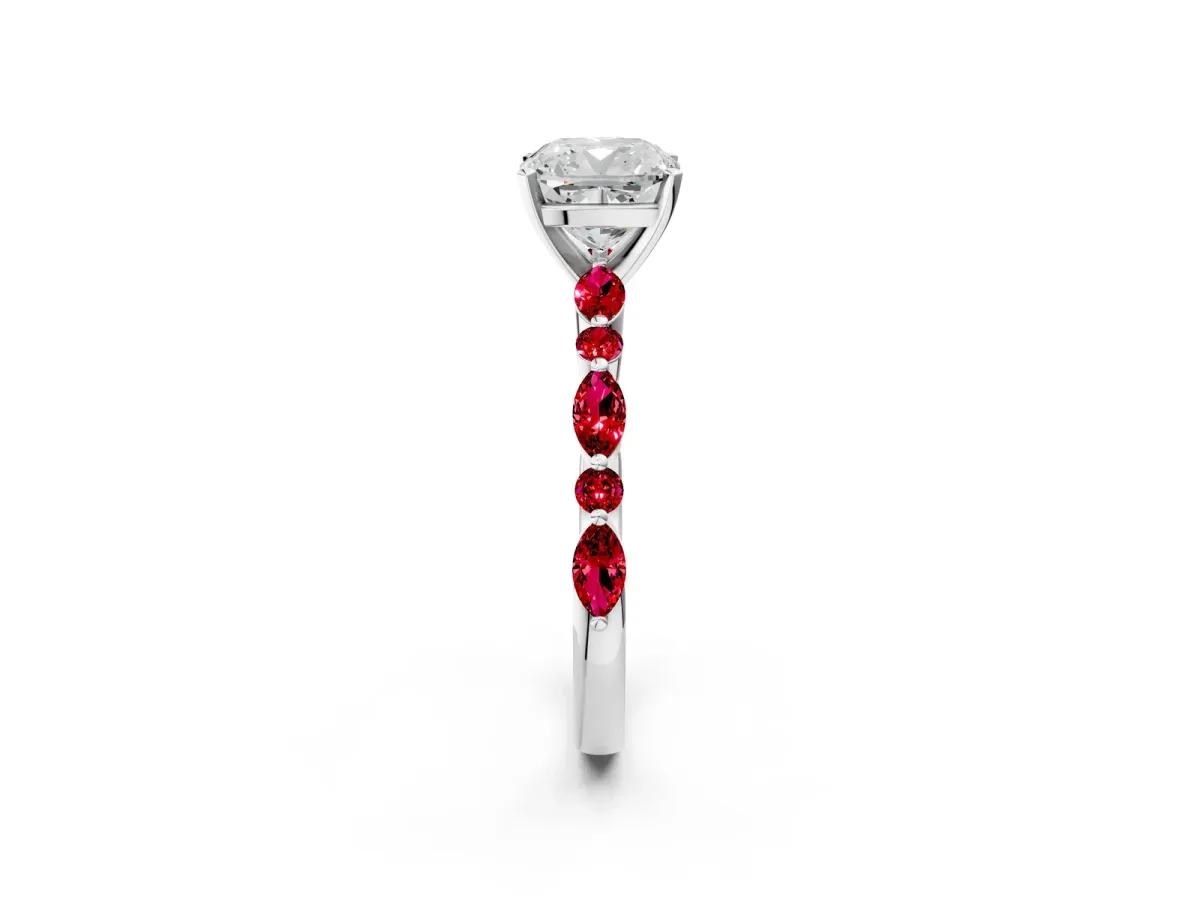 Cushion Cut Diamond Ring with Marquise and Round Ruby Side Stones and Four-Prong Setting White gold