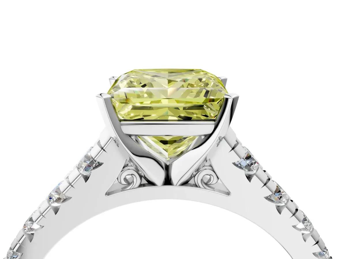 Fancy Yellow Princess Cut Diamond Cathedral Solitaire Ring with Round Pavé Band Silver
