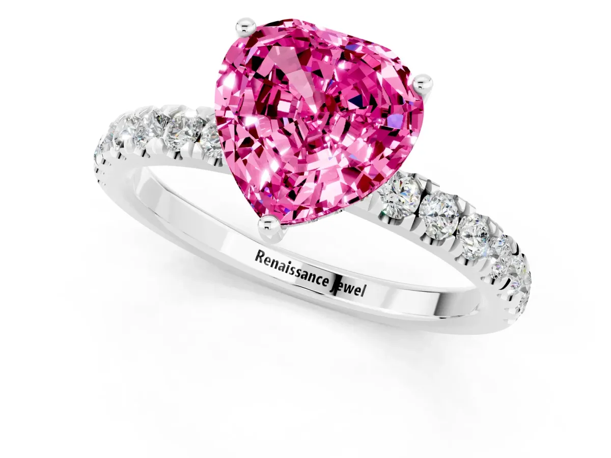 Heart Cut Pink Sapphire Pave Band Solitaire Ring with Round and Prong Setting Silver