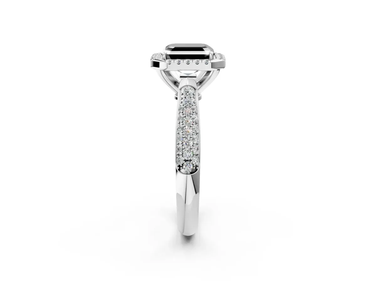 Fancy Black Asscher Cut Halo Diamond Ring with Pavé Band Platinum