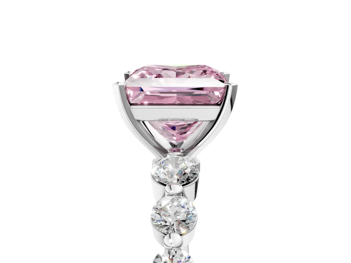 Fancy Pink Princess Cut Solitaire Diamond Ring with Pave Band and Four-Prong Setting Silver