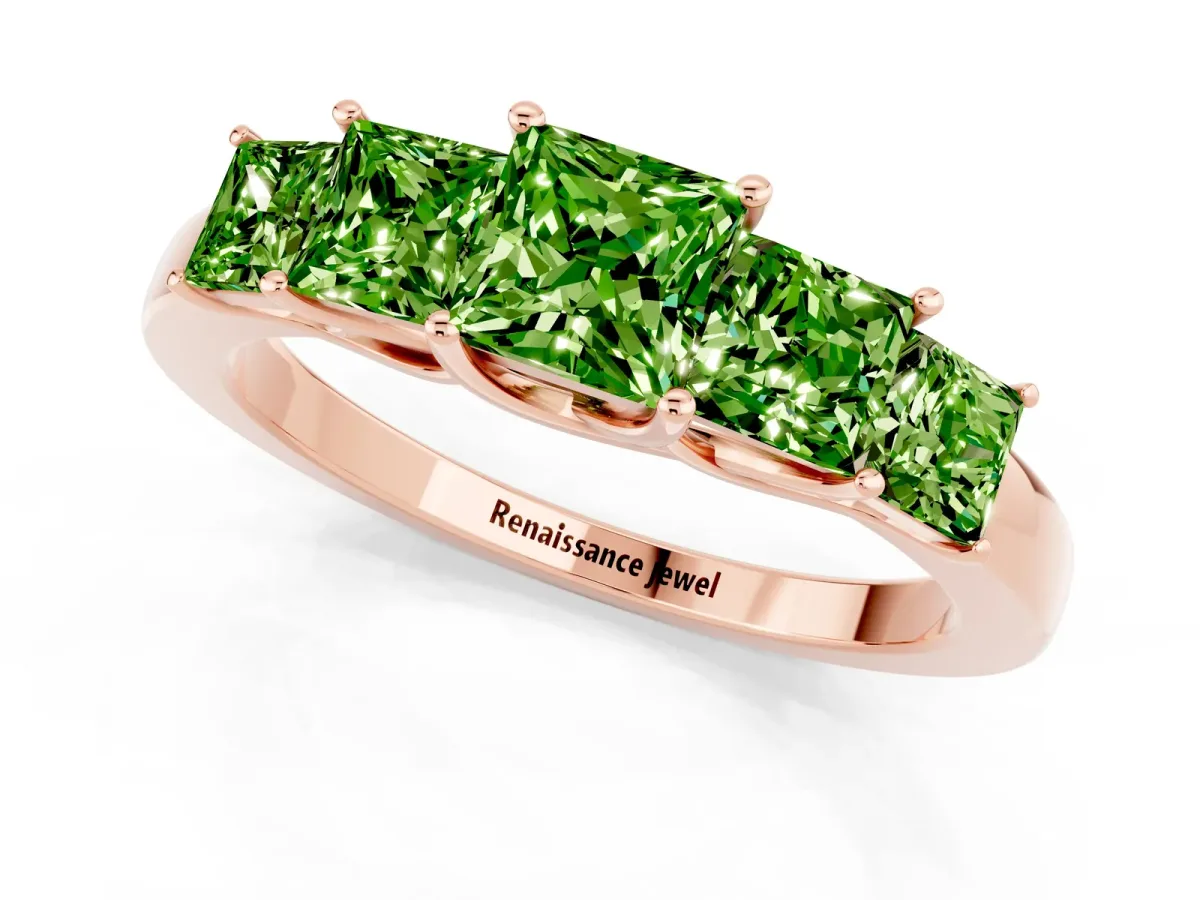 Princess Cut Five-Stone Peridot Ring with Classic Prong Setting Rose gold