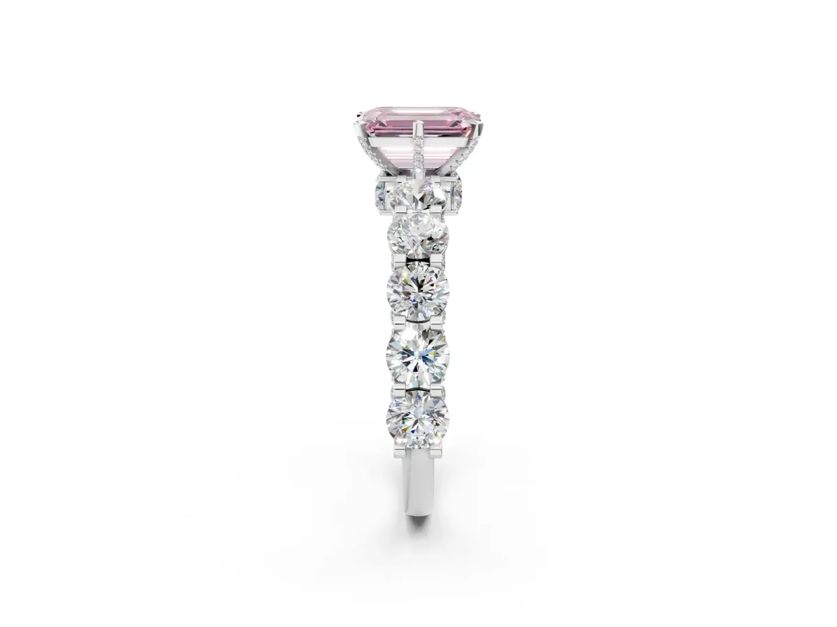Fancy Pink Emerald Cut Diamond Side Stone Engagement Ring with Four-Prong Setting White gold