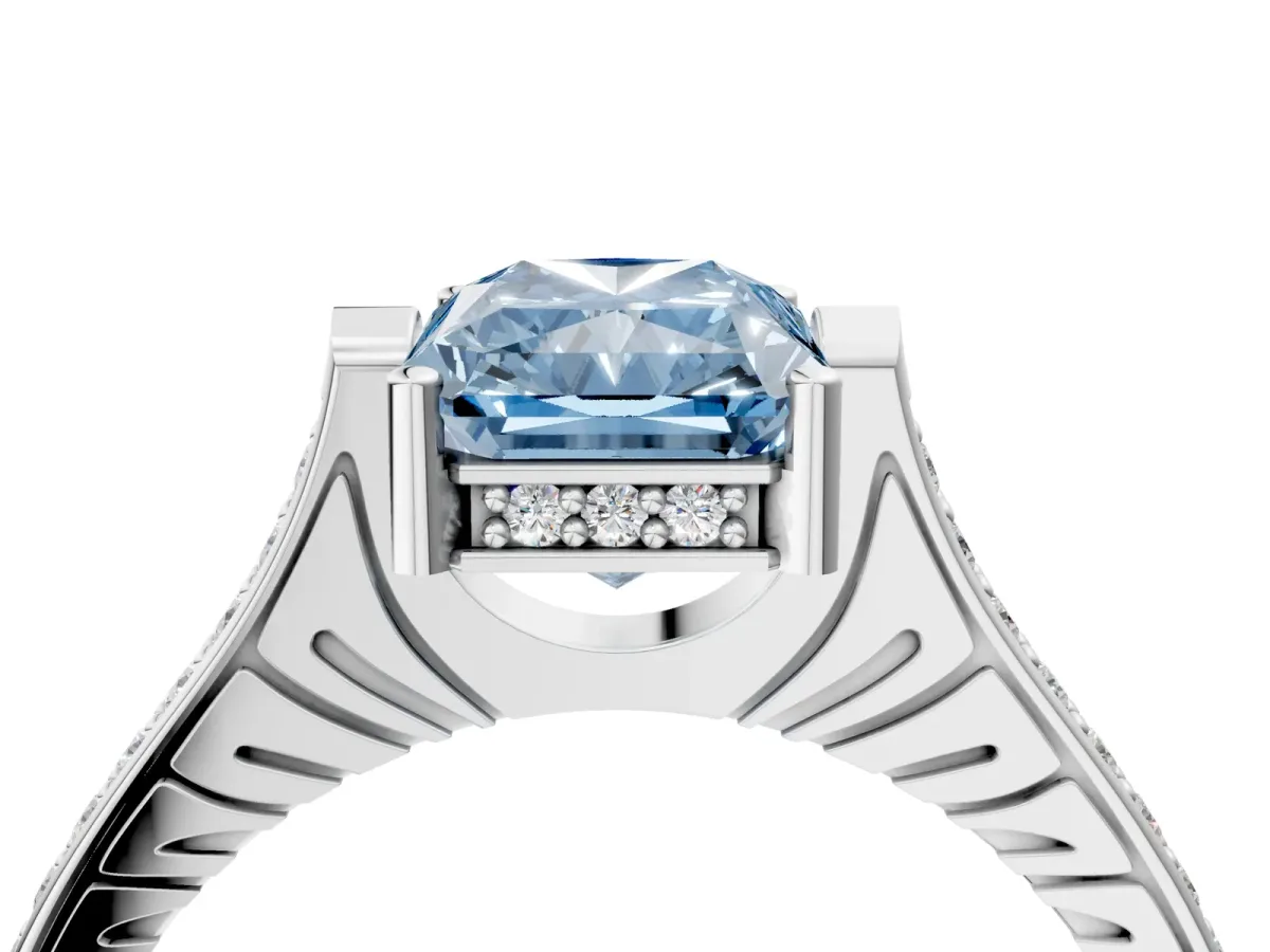 Fancy Blue Radiant Cut Solitaire Diamond Ring with Channel Set Band and Bezel Prong Setting Platinum