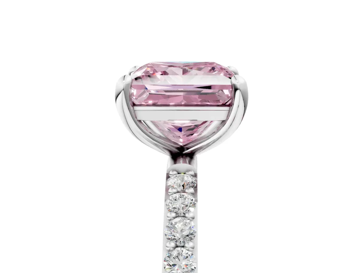 Fancy Pink Princess Cut Diamond Solitaire Ring with Round Pavé Band and Prong Setting Silver