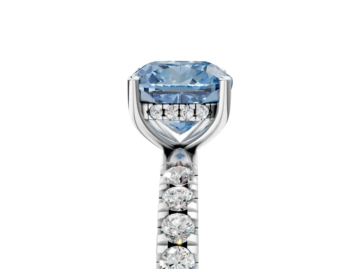 Fancy Blue Cushion Cut Diamond Pave Band Solitaire Ring with Round and Prong Setting Silver