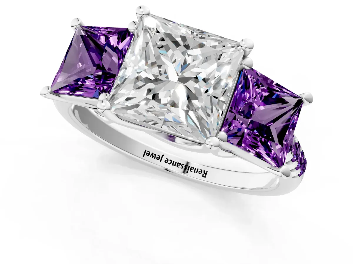 Three-Stone Princess Cut Diamond Ring with Round Amethyst Pavé Band and Prong Setting Platinum
