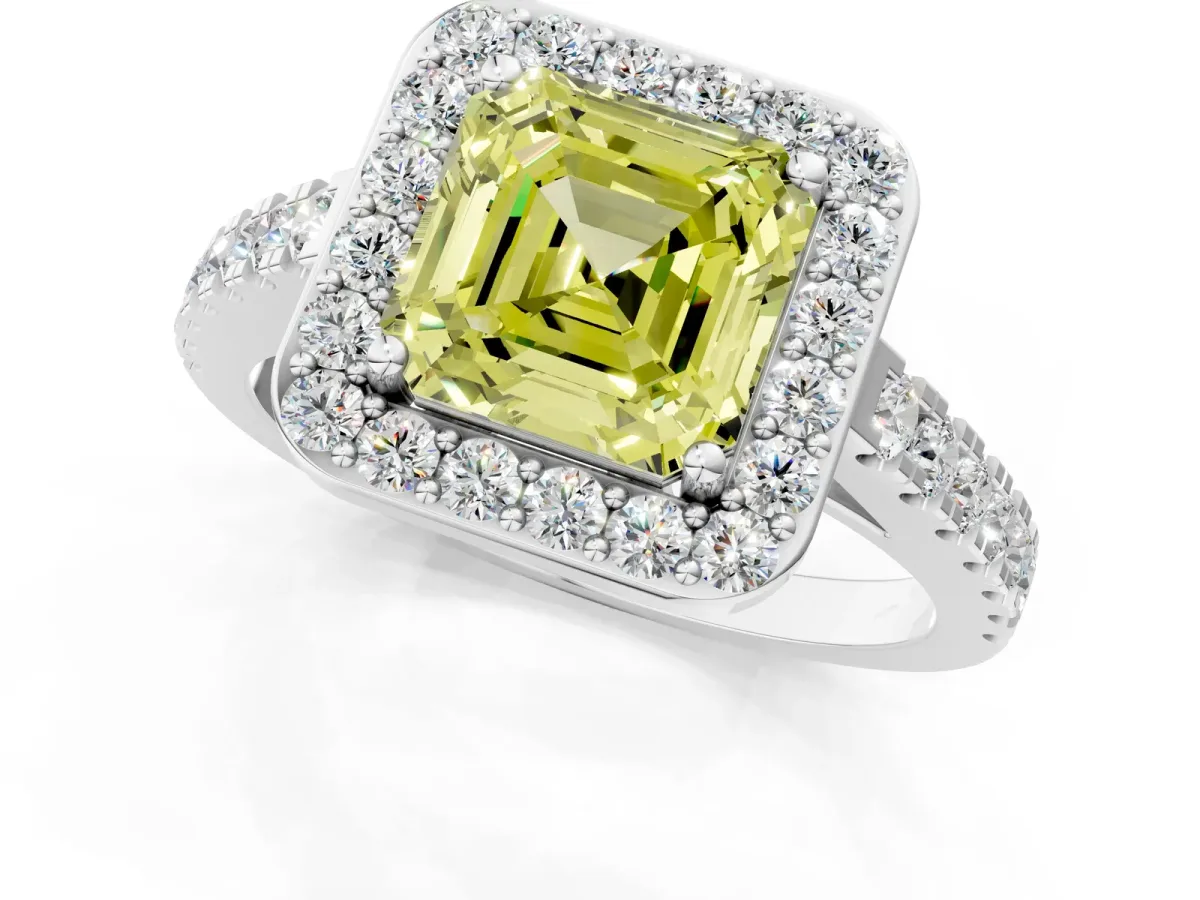 Fancy Yellow Asscher Cut Diamond Halo Ring with Round Pavé Split Shank and Prong Setting Platinum