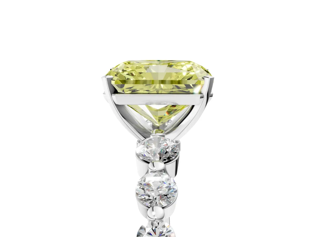 Fancy Yellow Radiant Cut Solitaire Diamond Ring with Pave Band and Four-Prong Setting Silver