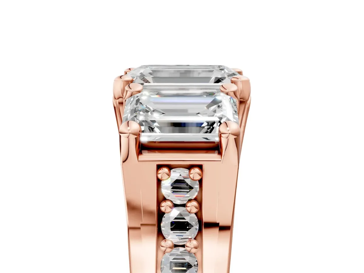 Emerald Cut Diamond Three-Stone Ring with Channel Set Band and Four-Prong Setting Rose gold