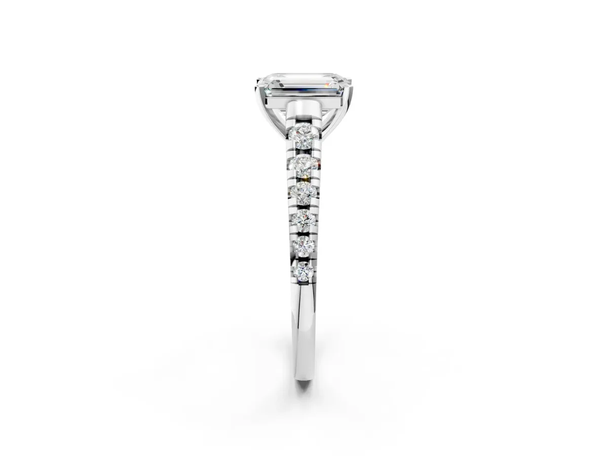 Emerald Cut Diamond Cathedral Solitaire Ring with Round Moissanite Pavé Band Silver