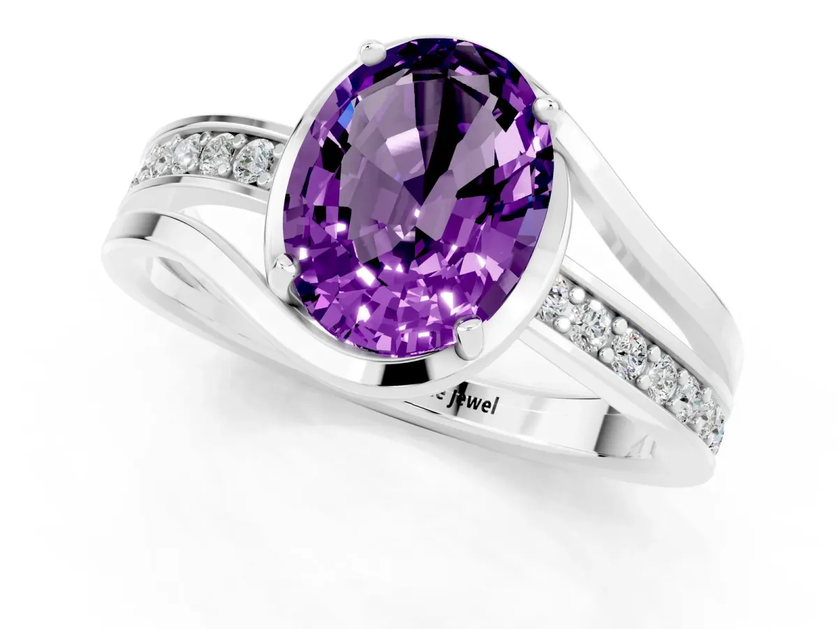 Oval Cut Amethyst Solitaire Ring with Split Shank and Prong Setting White gold