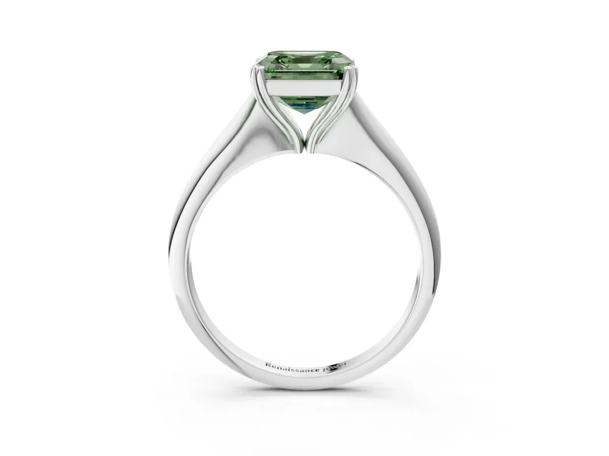 Fancy Green Asscher Cut Solitaire Diamond Ring with Six-Prong Setting and Classic Band Platinum