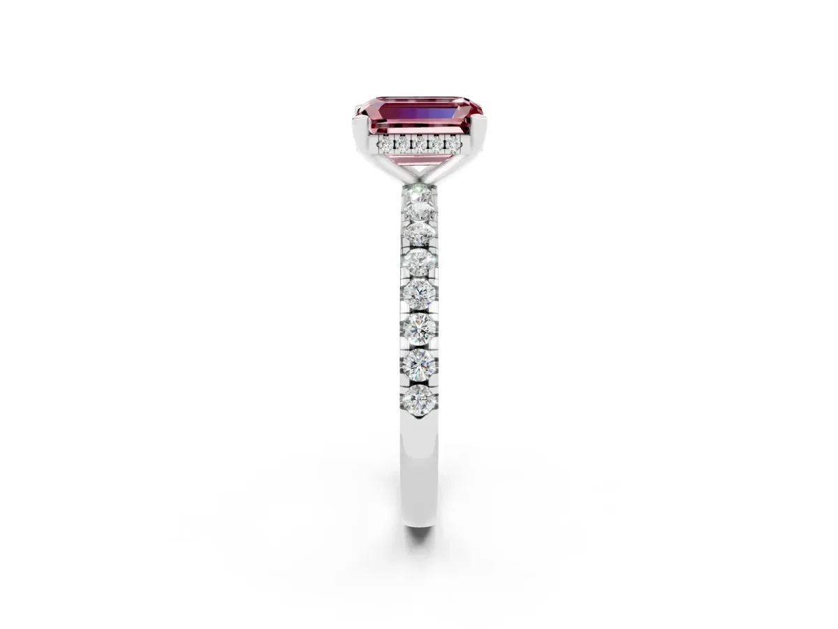 Emerald Cut Morganite Solitaire Ring with Round Pavé Band and Four-Prong Setting Silver