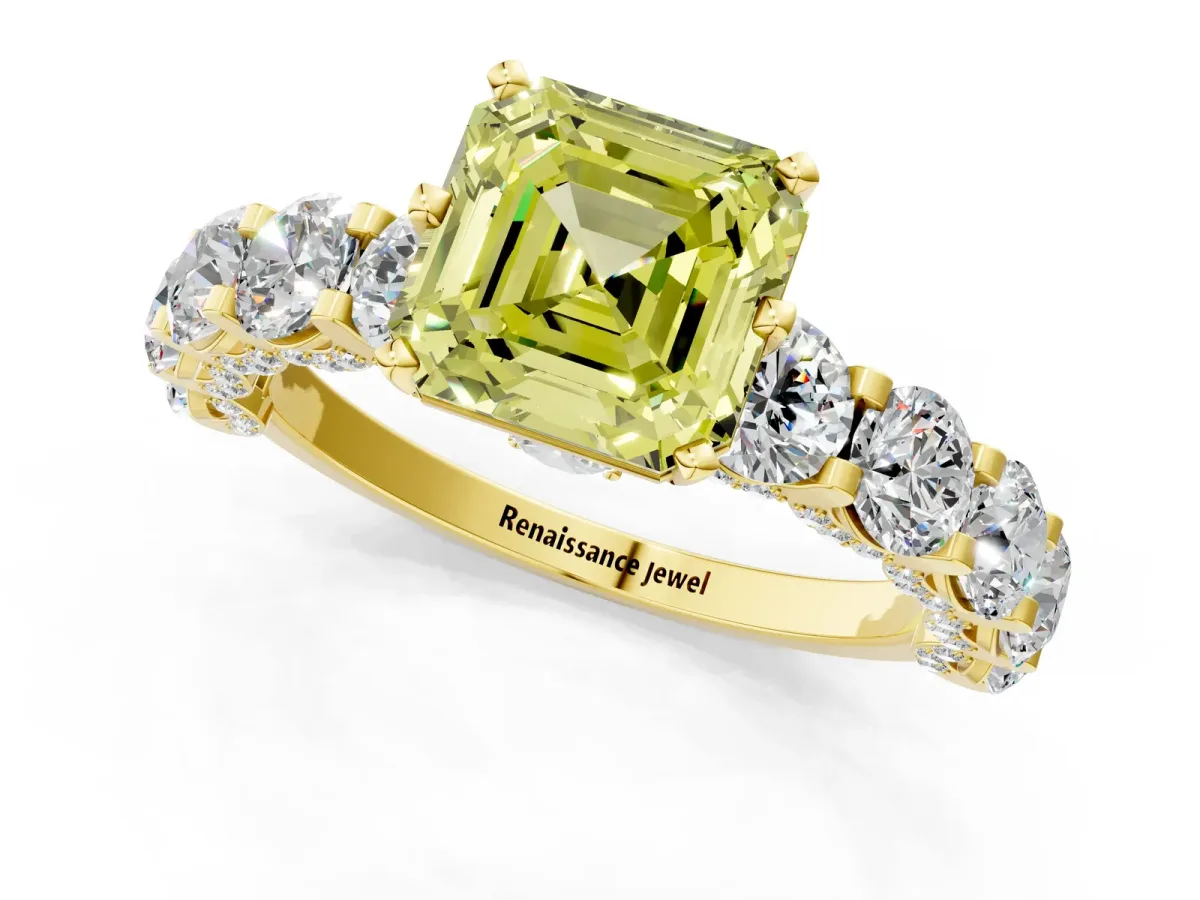 Fancy Yellow Asscher Cut Diamond Side Stone Engagement Ring with Four-Prong Setting Yellow gold