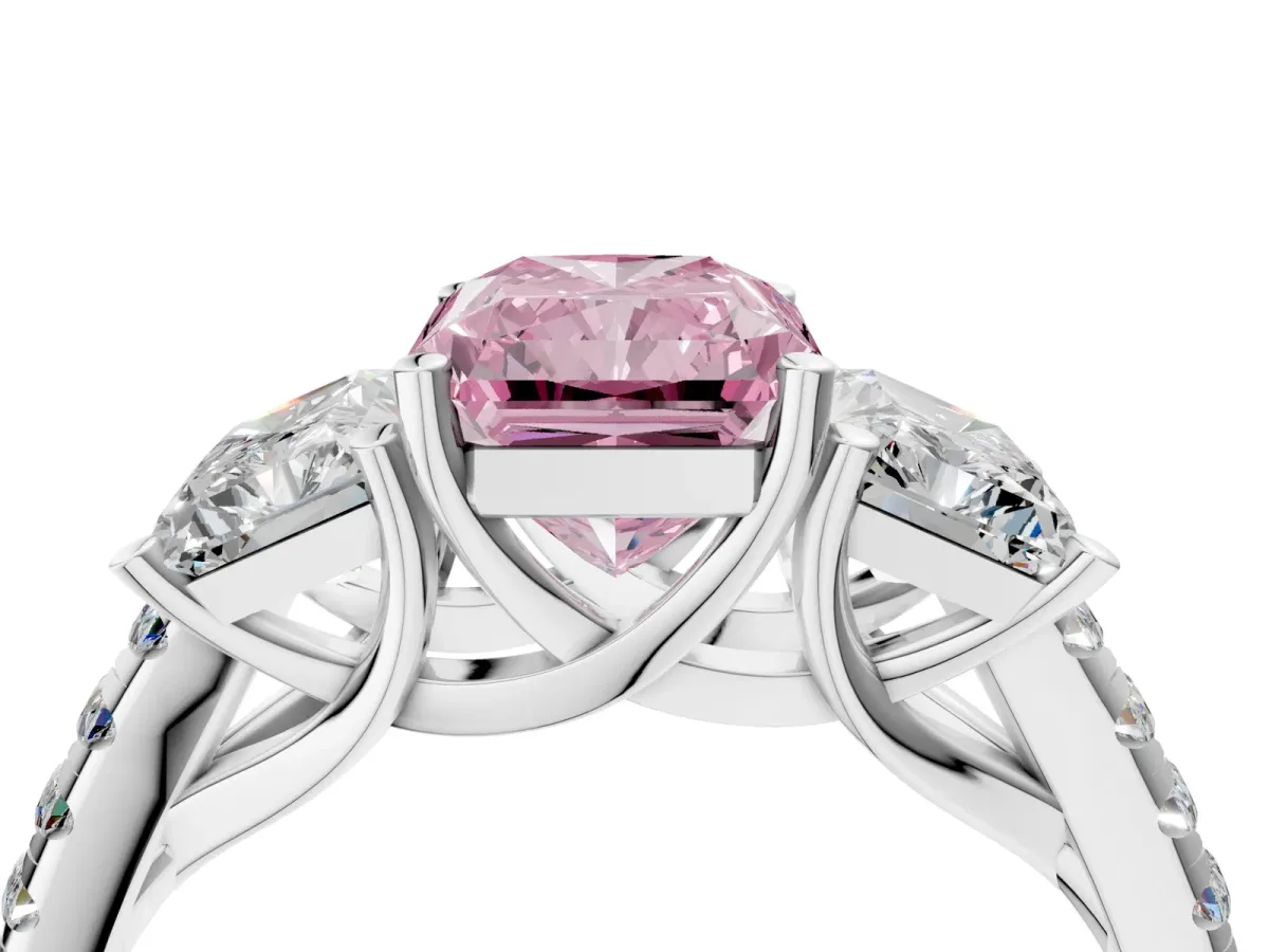 Fancy Pink Three-Stone Radiant Cut Diamond Ring with Round Pavé Band and Prong Setting Silver