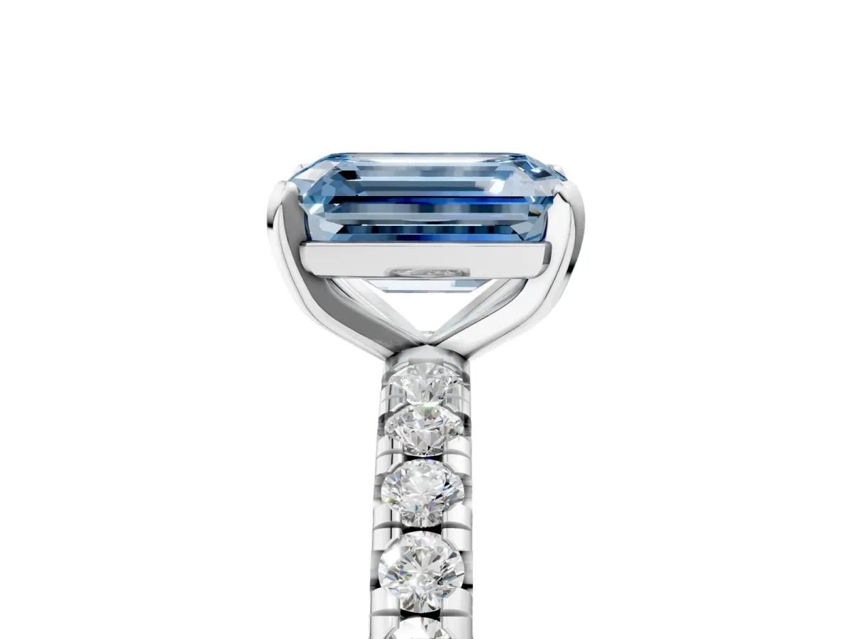 Fancy Blue Emerald Cut Diamond Pavé Solitaire Ring with Round Band and Prong Setting White gold