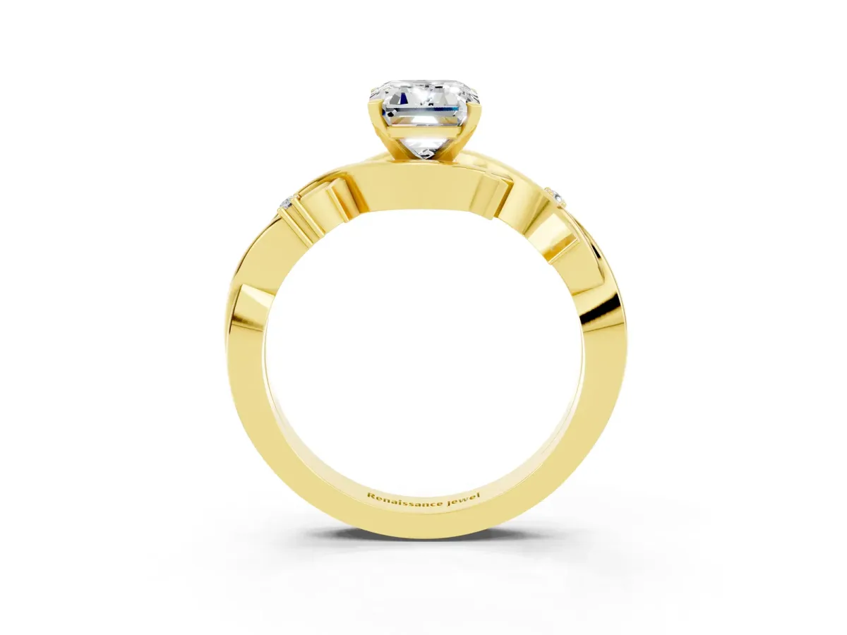 Emerald Cut Moissanite Solitaire Ring with Twisted Band and Prong Setting Yellow gold