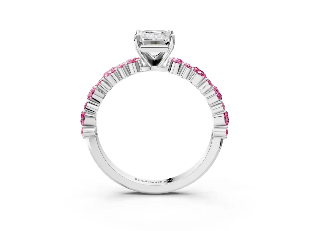 Emerald Cut Diamond Side Stone Solitaire Ring with Round Pink Sapphire and Four-Prong Setting Platinum