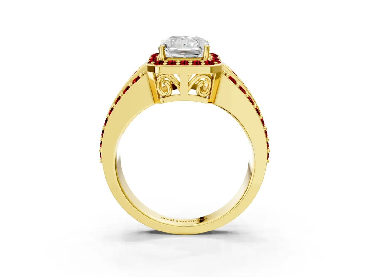 Radiant Cut Halo Diamond Ring with Round Ruby Split Shank and Prong Setting Yellow gold