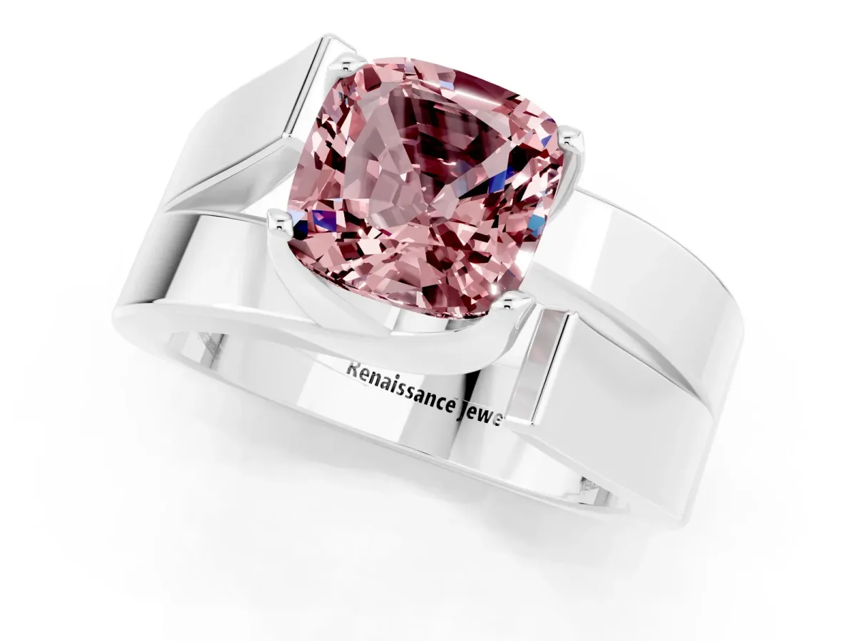 Modern Tension Set Cushion Cut Morganite Solitaire Wide Band Ring Silver