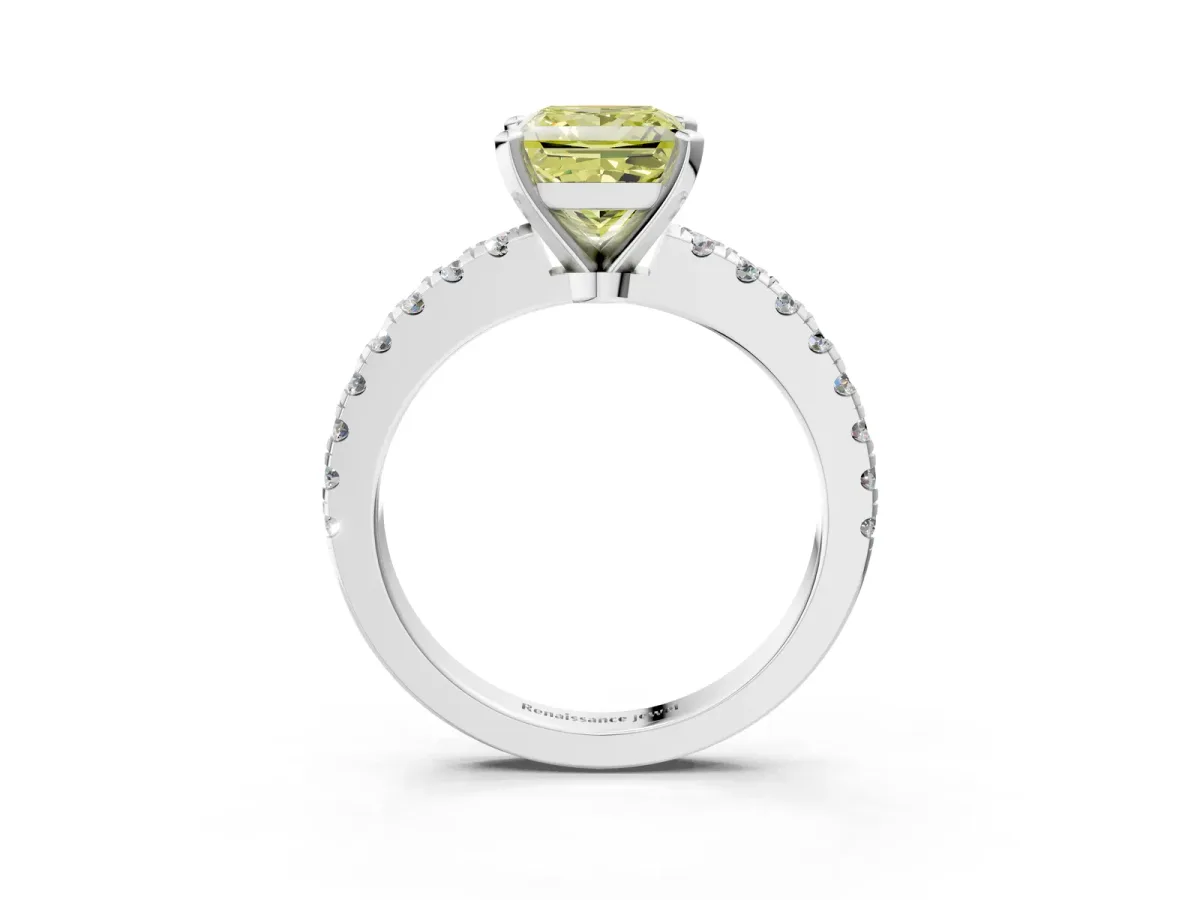 Fancy Yellow Princess Cut Solitaire Diamond with Pavé Band and Four-Prong Setting Silver