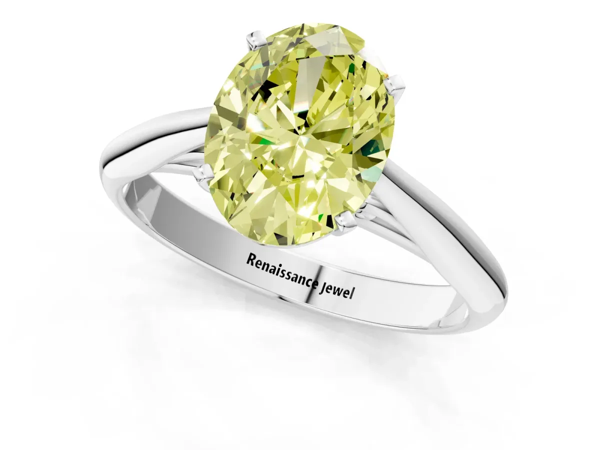 Fancy Yellow Oval Cut Diamond Solitaire Engagement Ring with Cathedral Setting and Four-Prong Mount Platinum