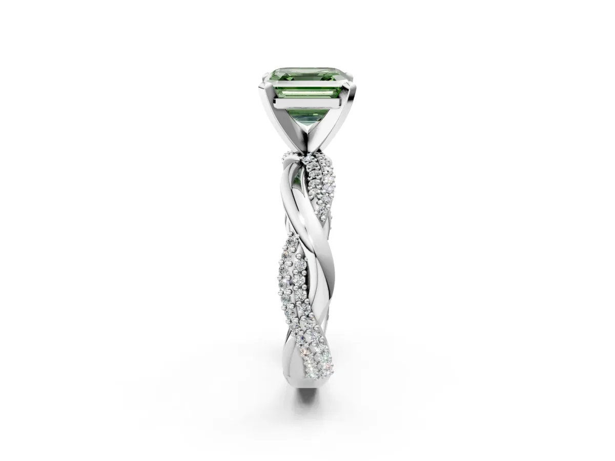 Fancy Green Asscher Cut Solitaire Twist Band with Pave Prong Setting Platinum