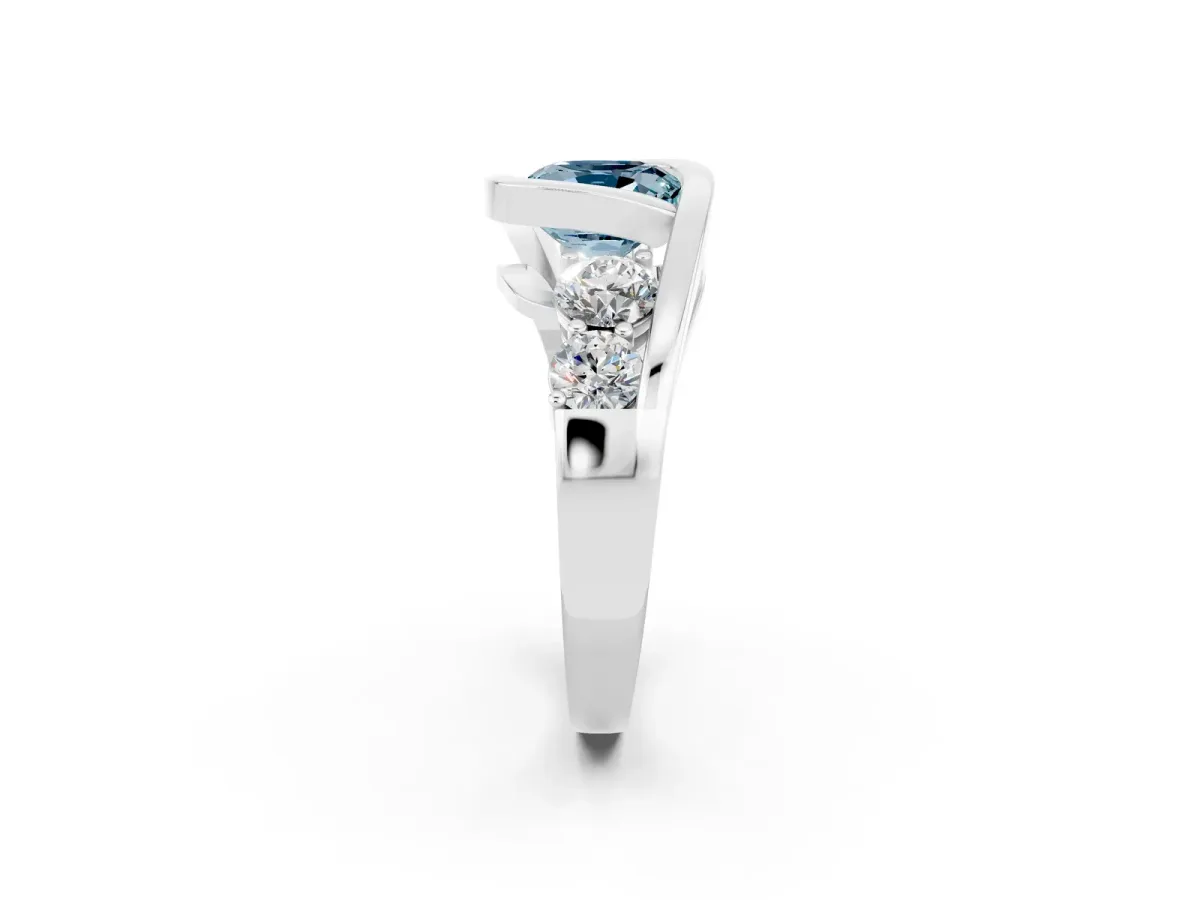 Bezel Set Cushion Cut Aquamarine Bypass Ring with Round Accents Silver