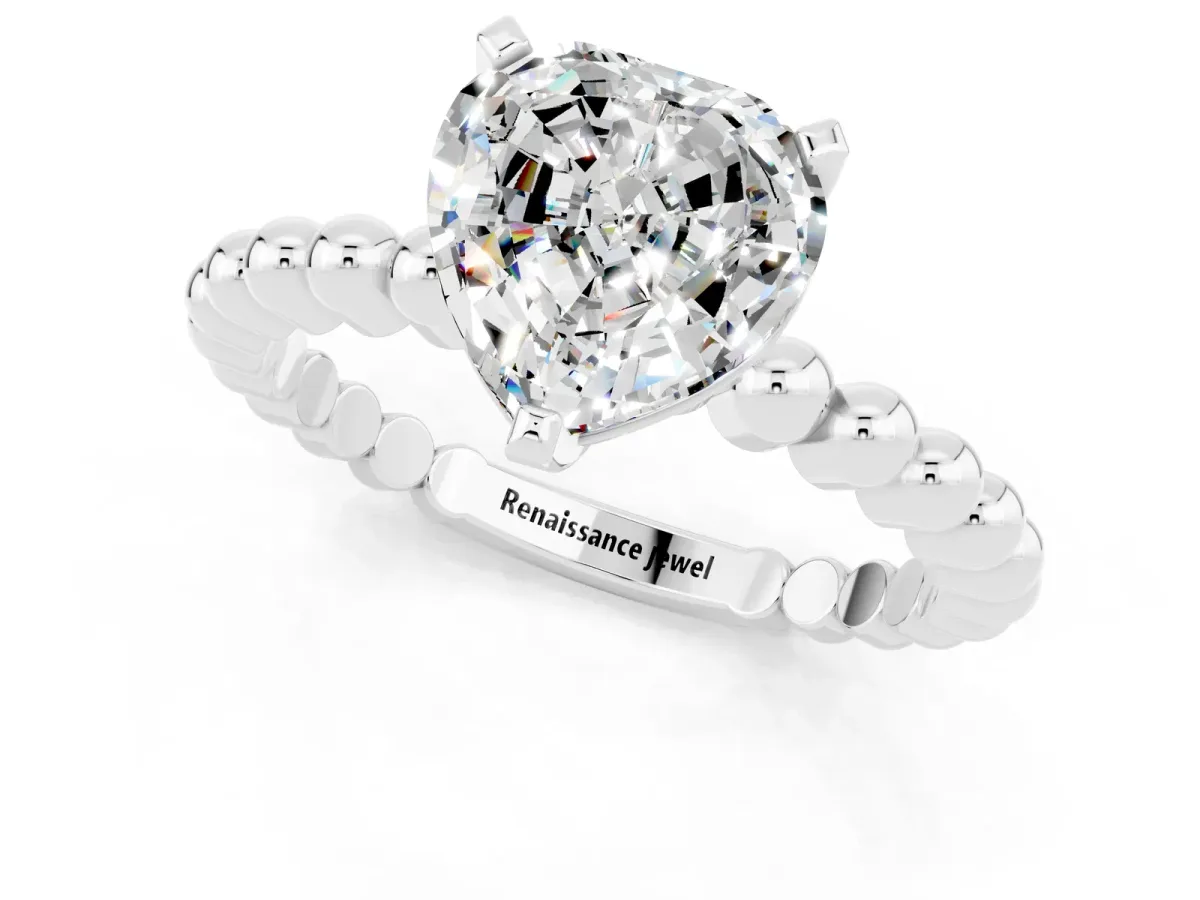 Heart Cut Moissanite Solitaire Ring with Beaded Band and Prong Setting Silver