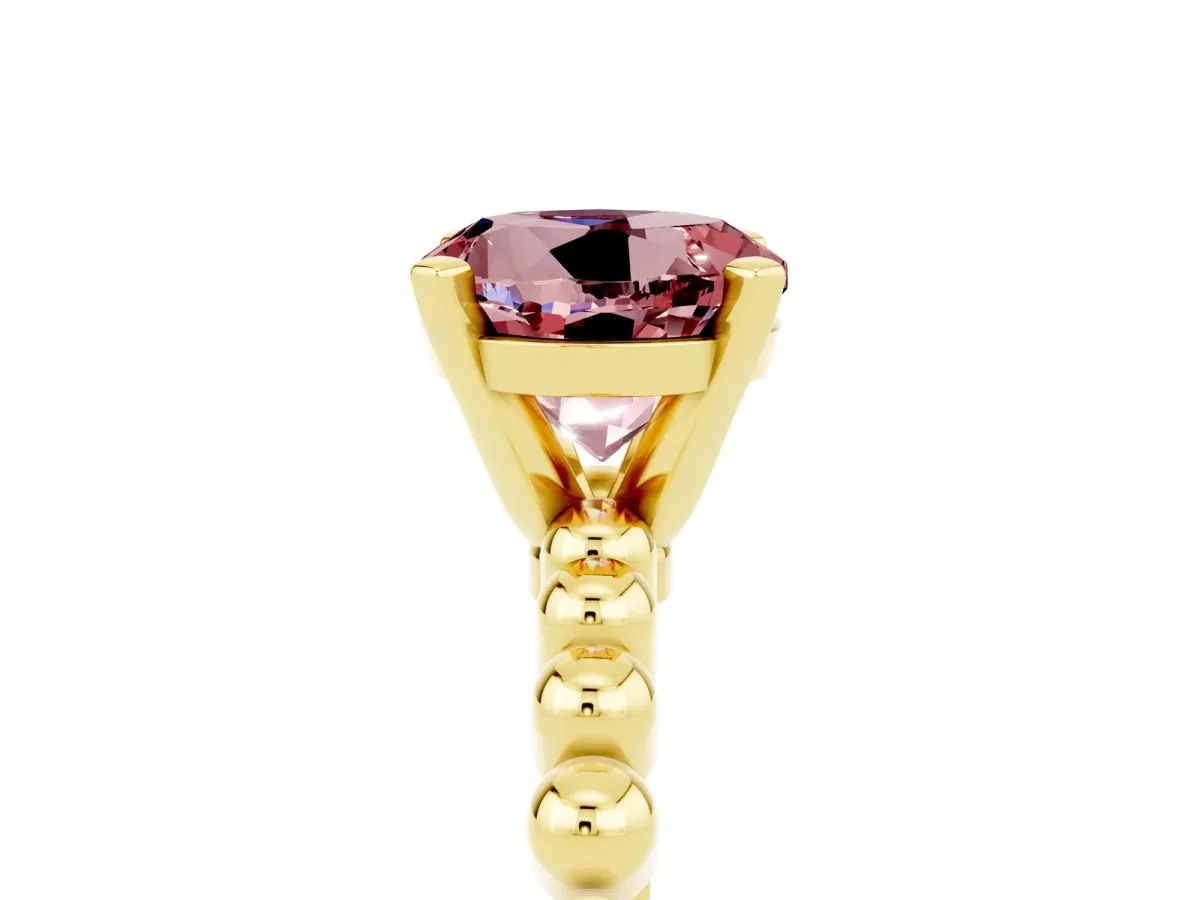 Round Cut Morganite Solitaire Ring with Beaded Band and Prong Setting Yellow gold