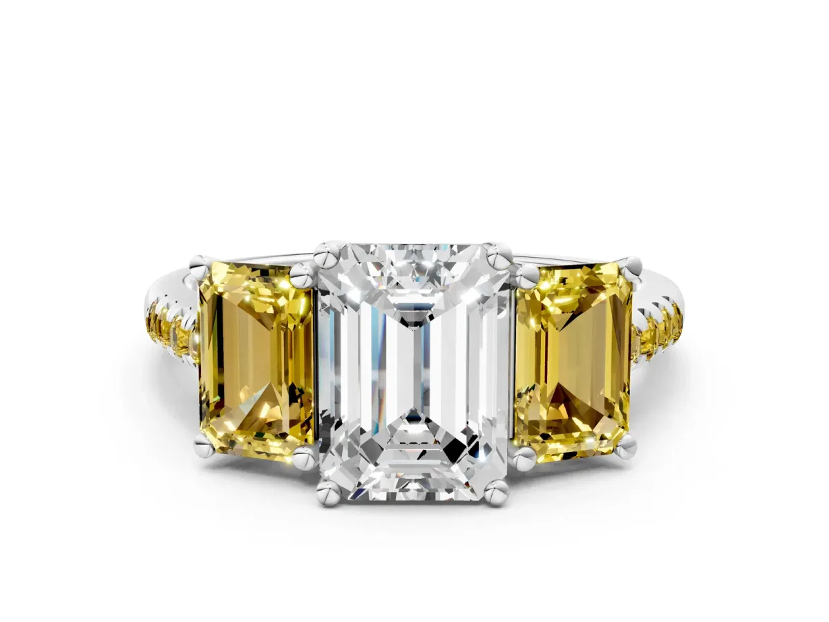 Three-Stone Emerald Cut Diamond Ring with Round Yellow Sapphire Pavé Band and Prong Setting Silver