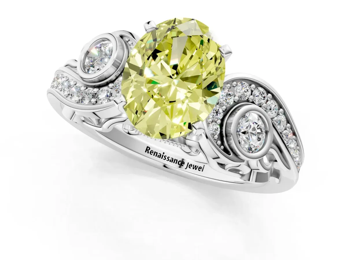 Fancy Yellow Oval Cut Diamond Solitaire Ring with Milgrain Pavé Band and Four-Prong Setting Silver