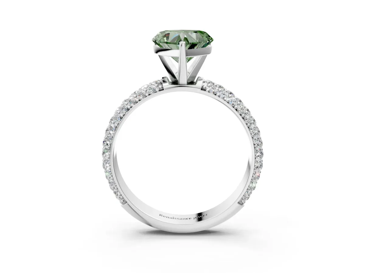 Fancy Green Heart Cut Diamond Solitaire Ring with Prong Setting and Pavé Band Platinum