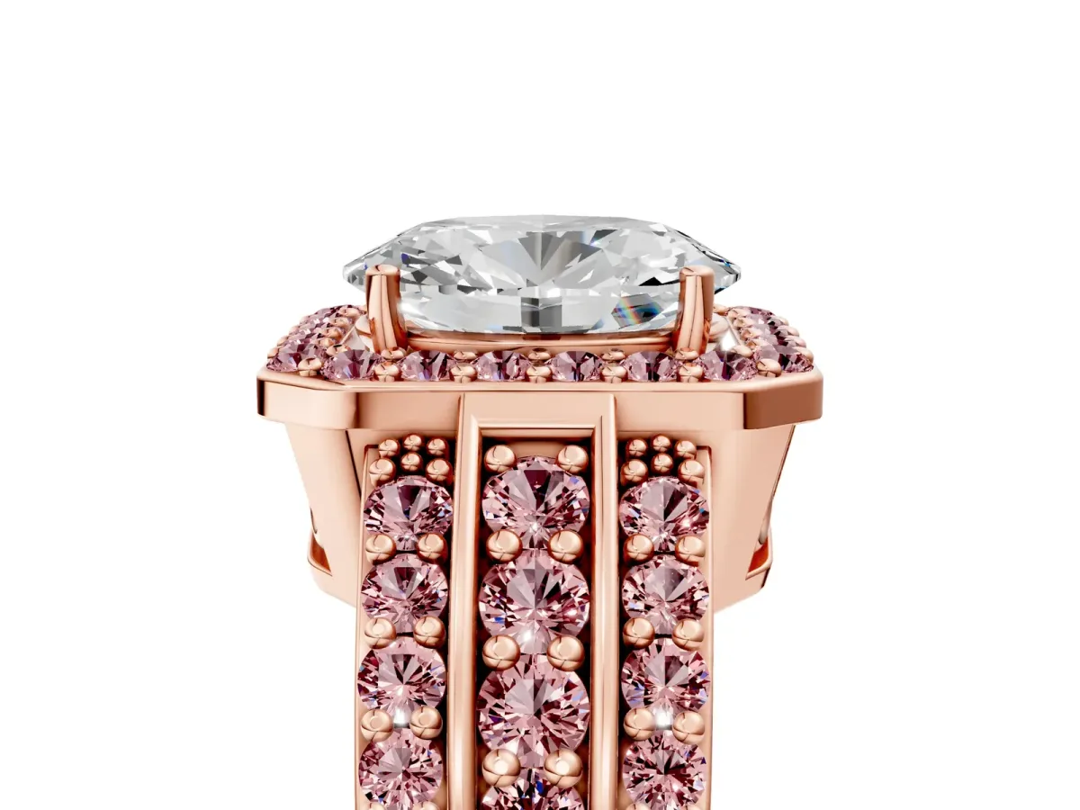 Oval Cut Halo Diamond Ring with Round Morganite Split Shank and Prong Setting Rose gold