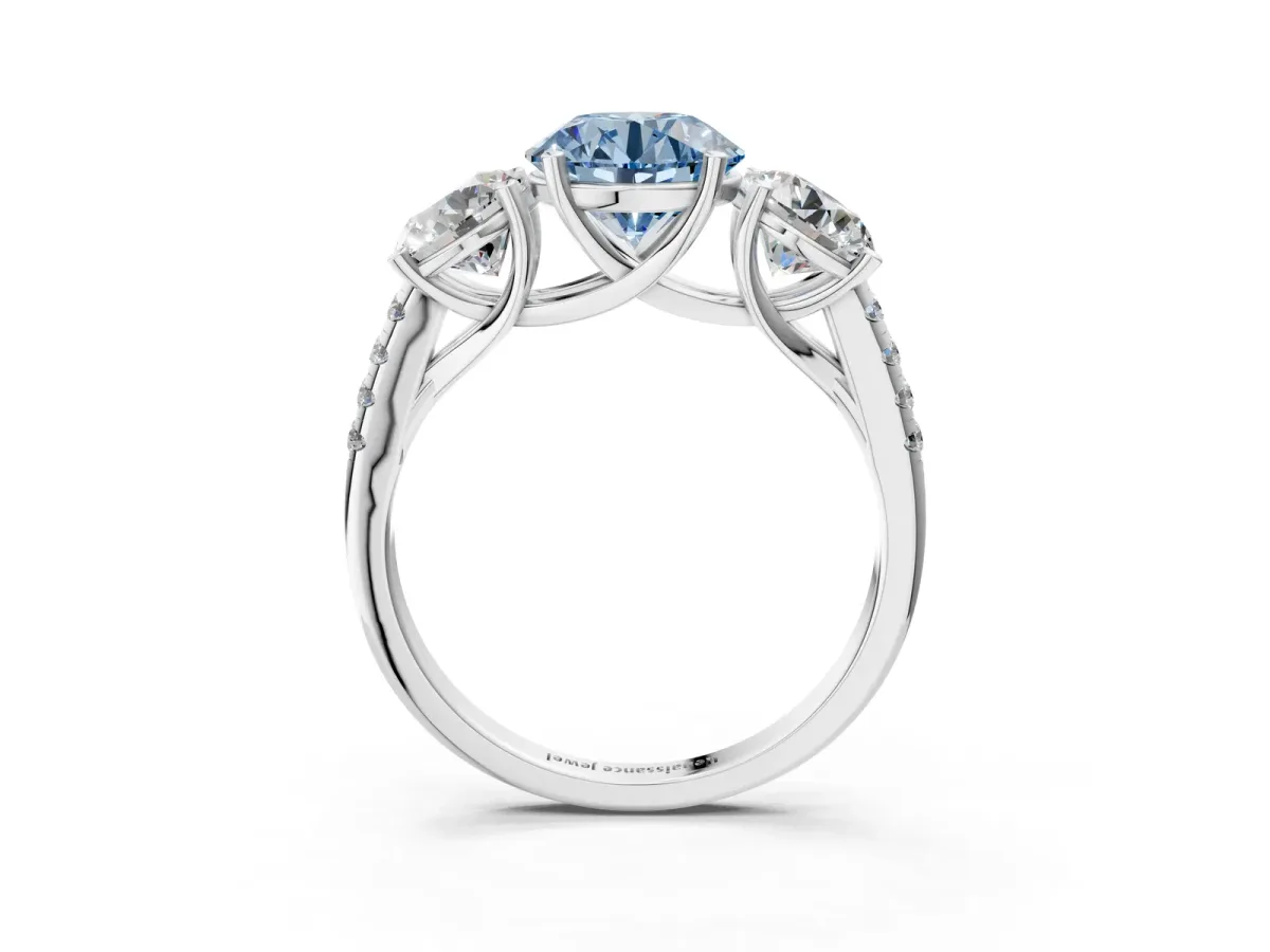 Fancy Blue Three-Stone Round Cut Diamond Ring with Round Pavé Band and Prong Setting Platinum