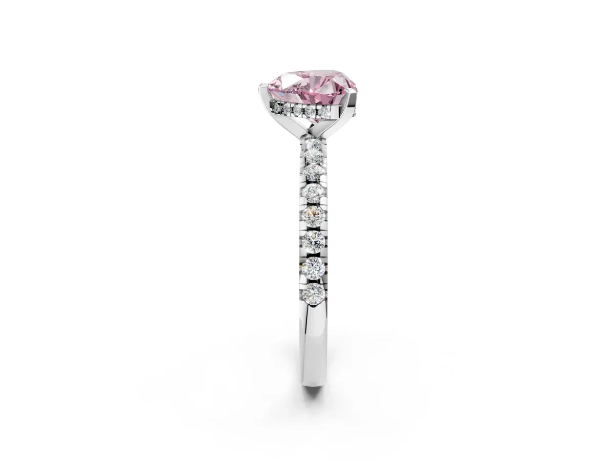 Fancy Pink Heart Cut Diamond Solitaire Ring with Round Pavé Band and Four-Prong Setting Silver