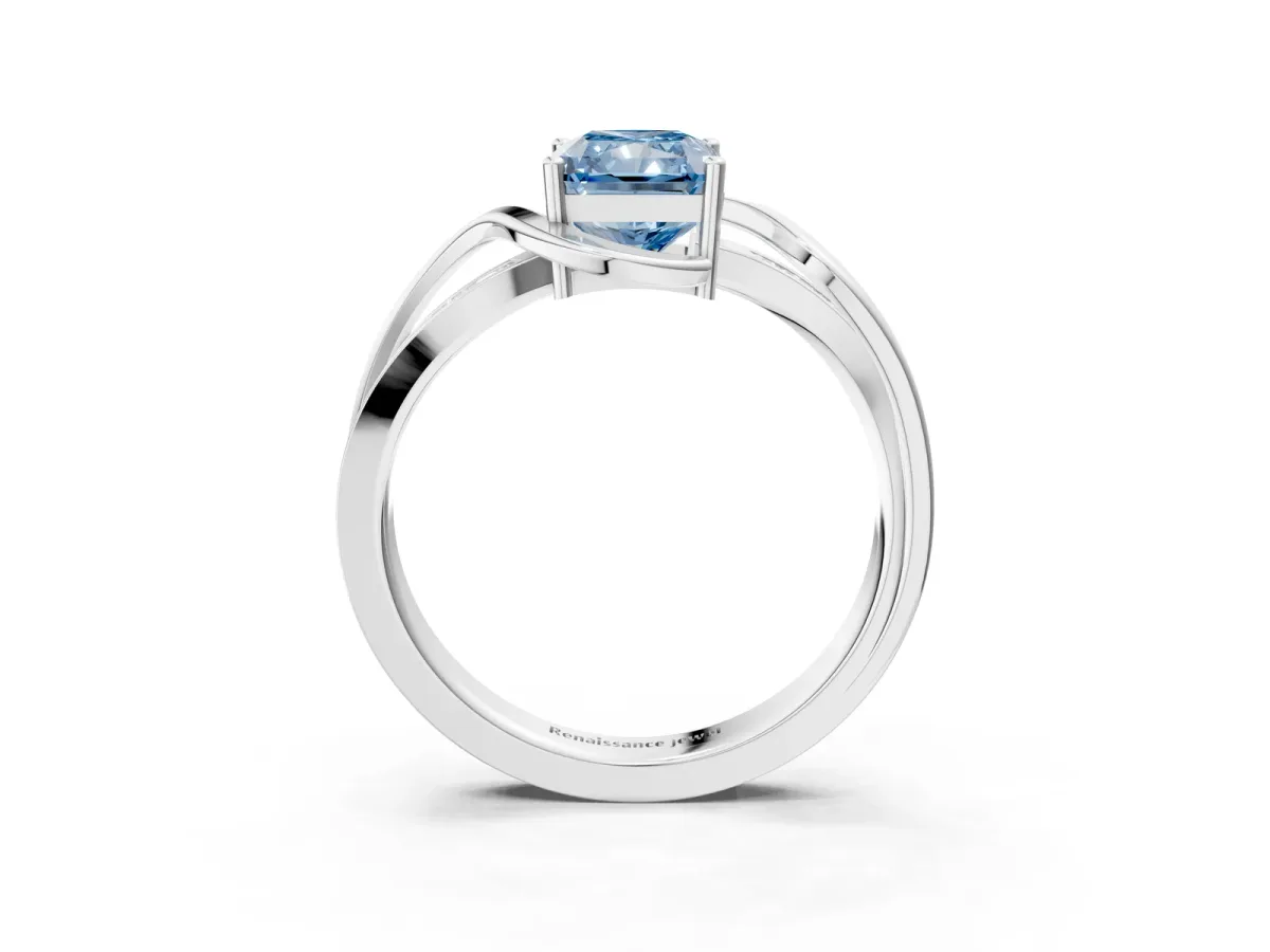 Fancy Blue Radiant Cut Solitaire Twisted Band with Prong Setting Platinum