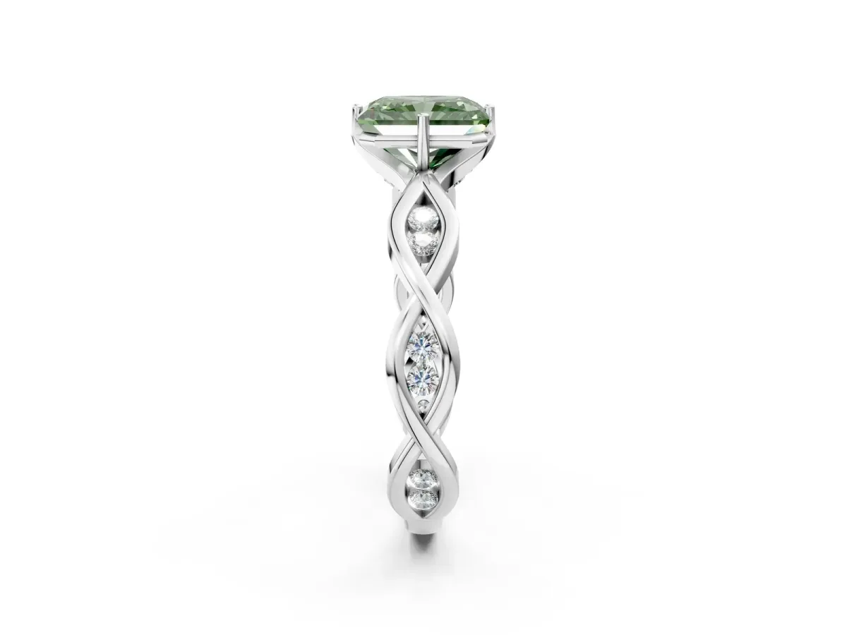 Fancy Green Radiant Cut Solitaire Twist Band with Leaf Prong Setting Platinum