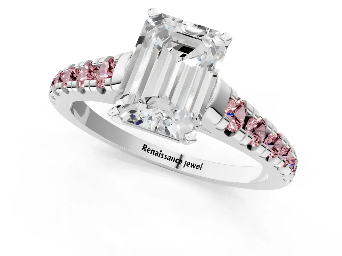 Emerald Cut Diamond Cathedral Solitaire Ring with Round Morganite Pavé Band Silver